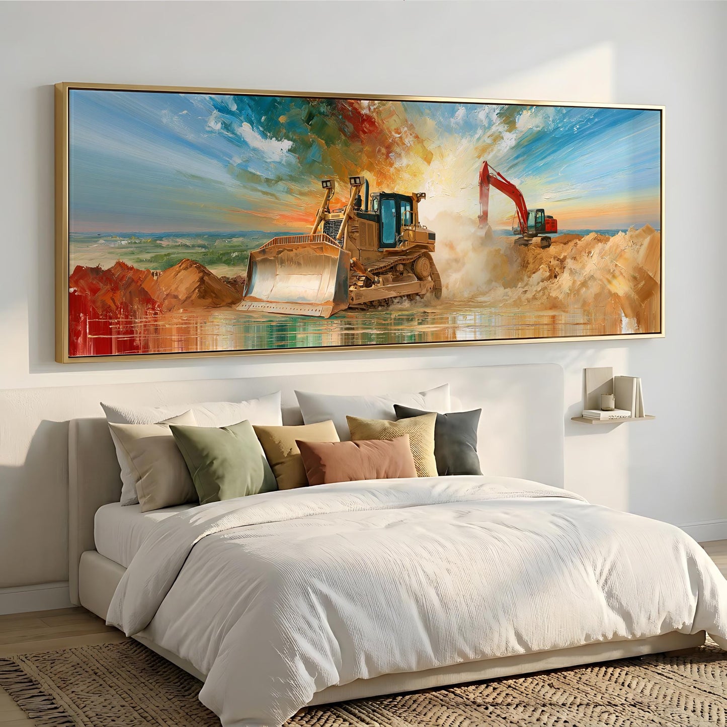a large painting of a bulldozer on a construction site, hanging above a bed with white bedding and pillows.