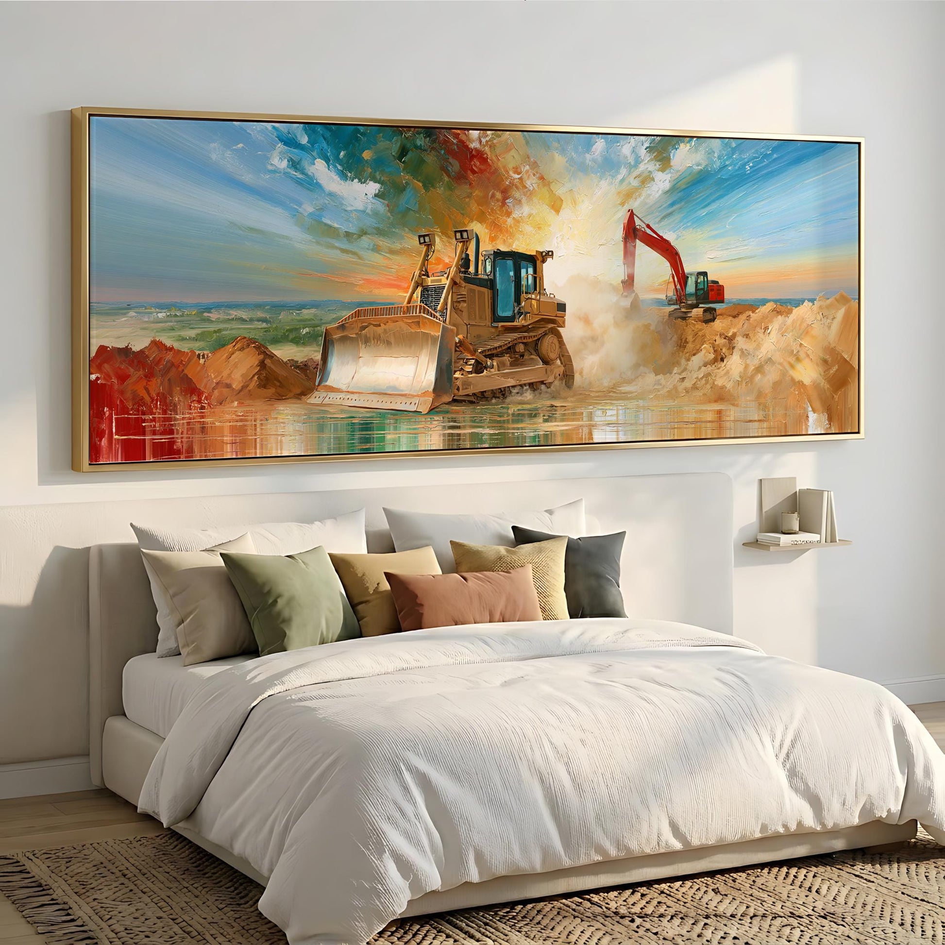 a large painting of a bulldozer on a construction site, hanging above a bed with white bedding and pillows.