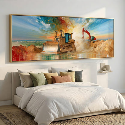 a large painting of a bulldozer on a construction site, hanging above a bed with white bedding and pillows.