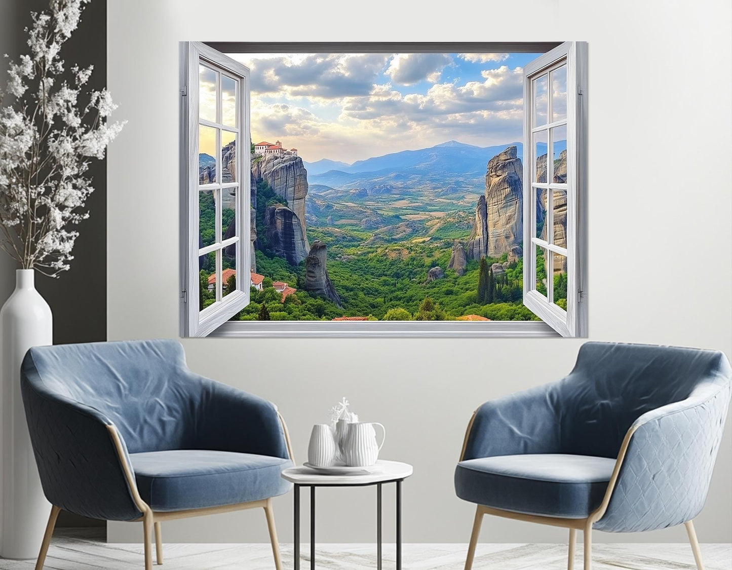 Greece Canvas Print – Open Window Wall Art of Meteora Monasteries | Ready to Hang Framed Canvas