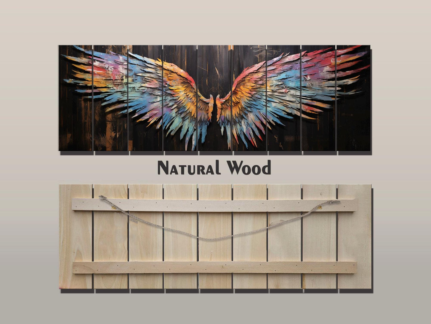 Wings Print Wood - Colorful Abstract Wings on Natural Wood | Rustic Wall Art