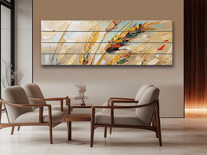 Wood Wall Art – Golden Wheat Ears Rustic Nature Print on Natural Wood Planks