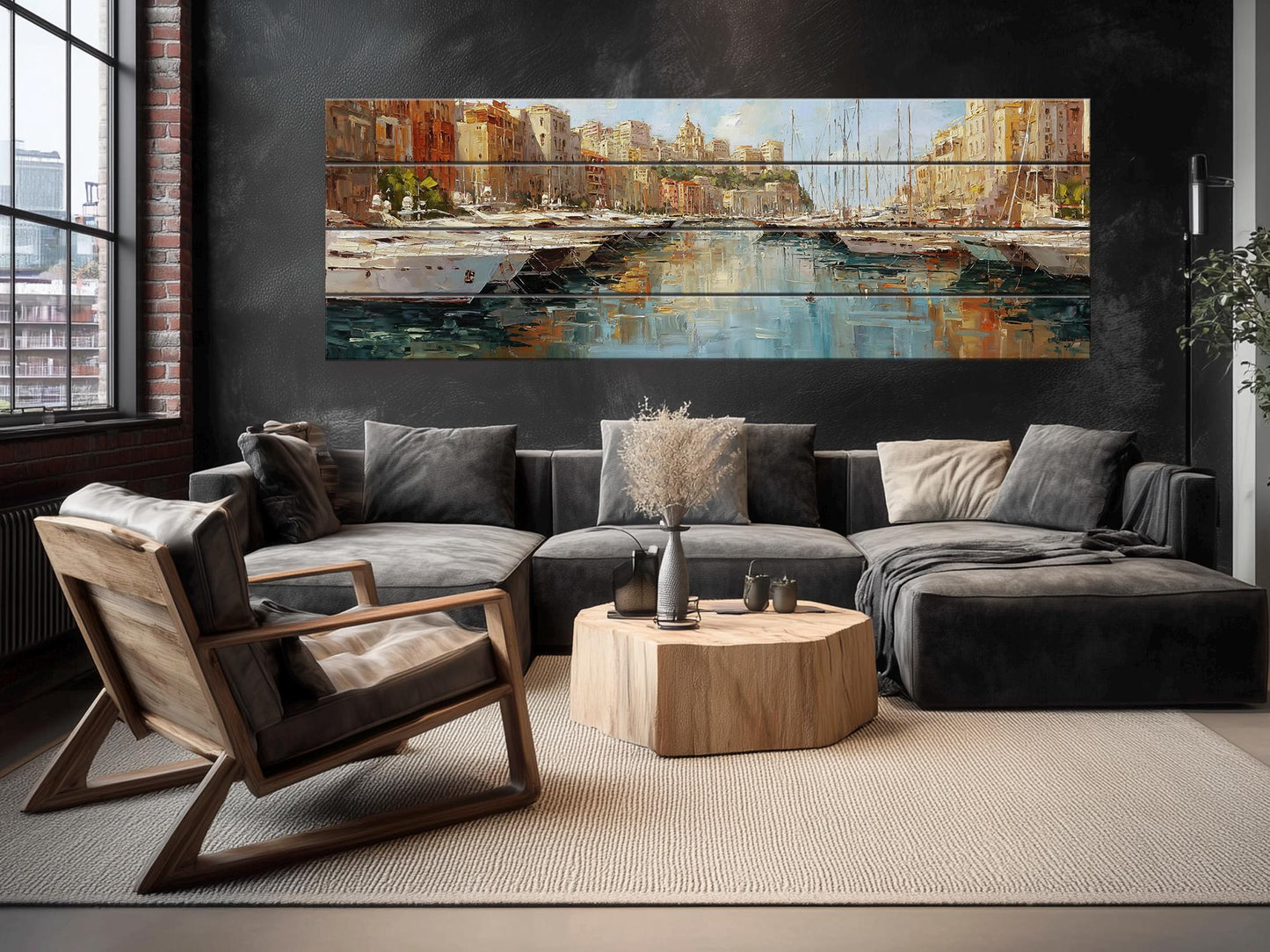 Monaco Harbor Wood Print – Rustic Wall Art | Beige Light Reflections on Distressed Wood