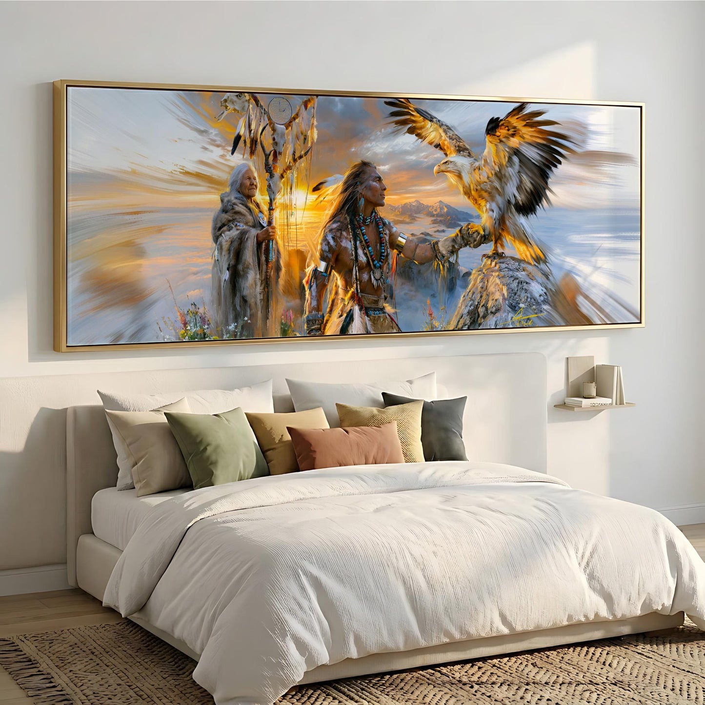 a large, colorful painting of Native American figures on a wall above a bed with white bedding.