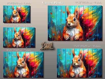 Wood Wall Art - Colorful Squirrel Abstract Painting on Natural Wood Planks