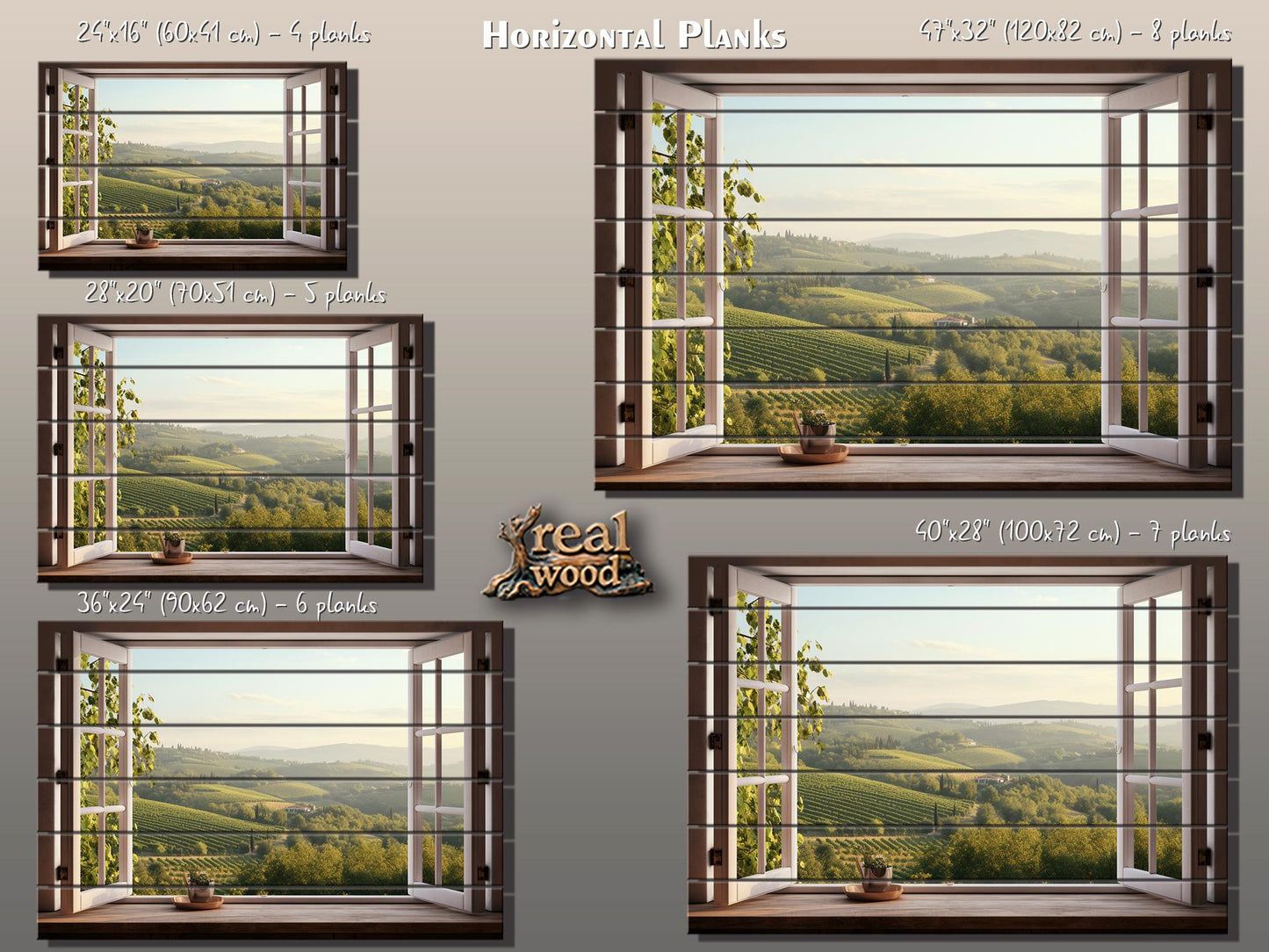 Wood Wall Art - Open Window with Tuscany Landscape Print on Natural Wood, Tuscany Painting, Mountain View in Interior, Italian Wall Art