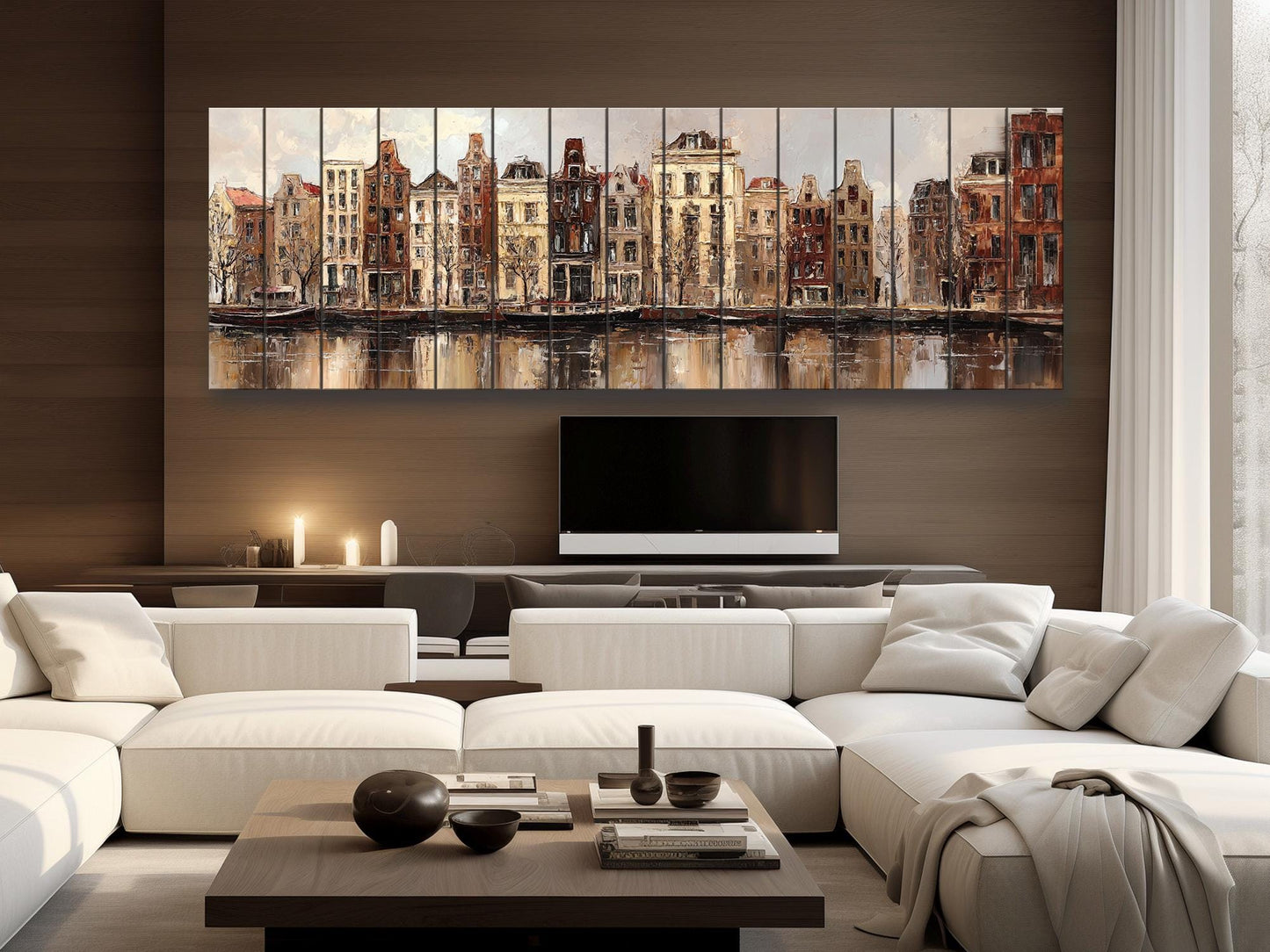 Amsterdam Canal Houses Print – Rustic Wood Art Beige Wall Decor on Distressed Wood