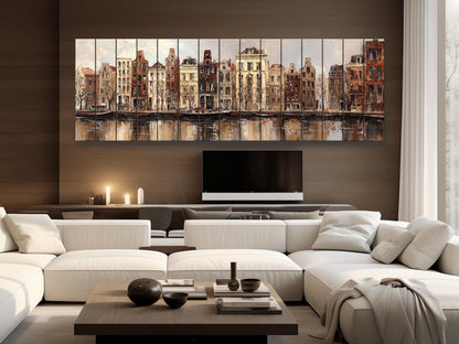 Amsterdam Canal Houses Print – Rustic Wood Art Beige Wall Decor on Distressed Wood