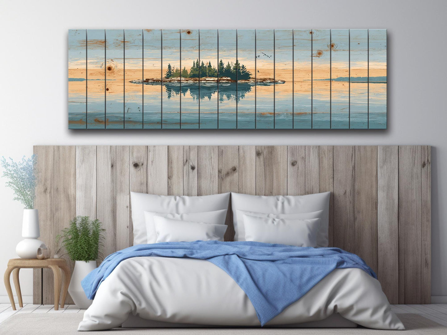 Lake Island Wood Art – Rustic Wood Wall Art with Serene Lake Landscape