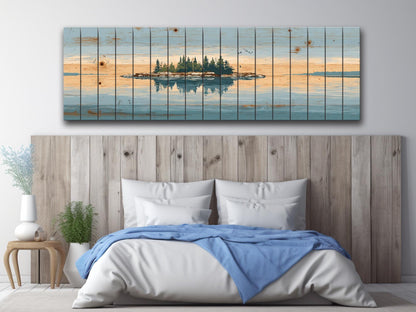 Lake Island Wood Art – Rustic Wood Wall Art with Serene Lake Landscape