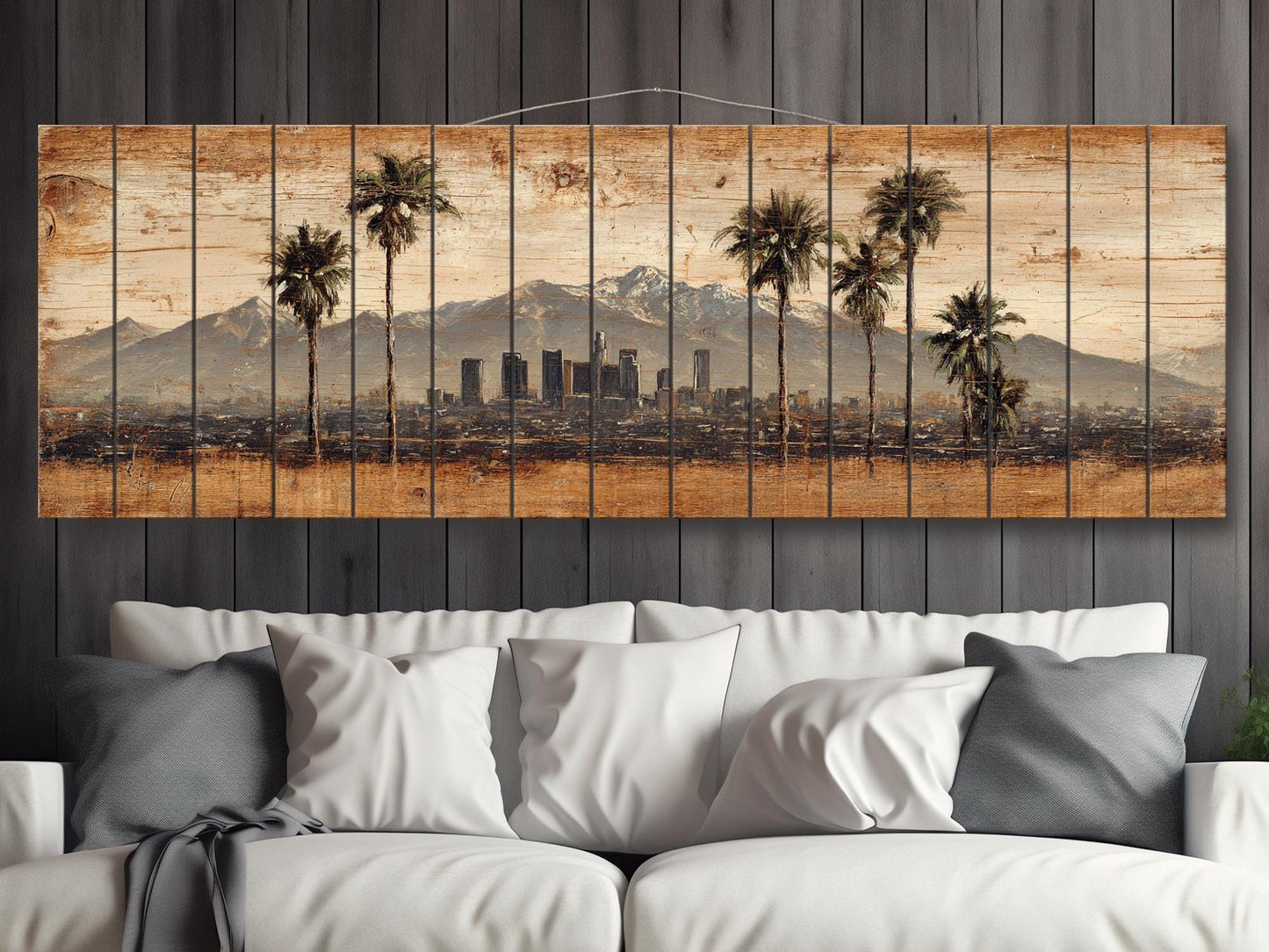 Los Angeles Wood Art - Rustic Wood Print With Palm Trees & Mountains | Farmhouse Wall Decor