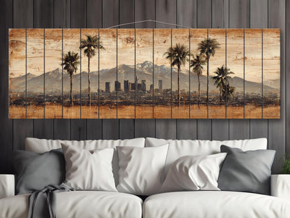 Los Angeles Wood Art - Rustic Wood Print With Palm Trees & Mountains | Farmhouse Wall Decor
