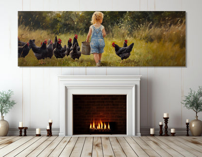 Farmhouse Wall Decor – Girl Feeding Chicken Rustic Wall Art Canvas Print, Ready to Hang