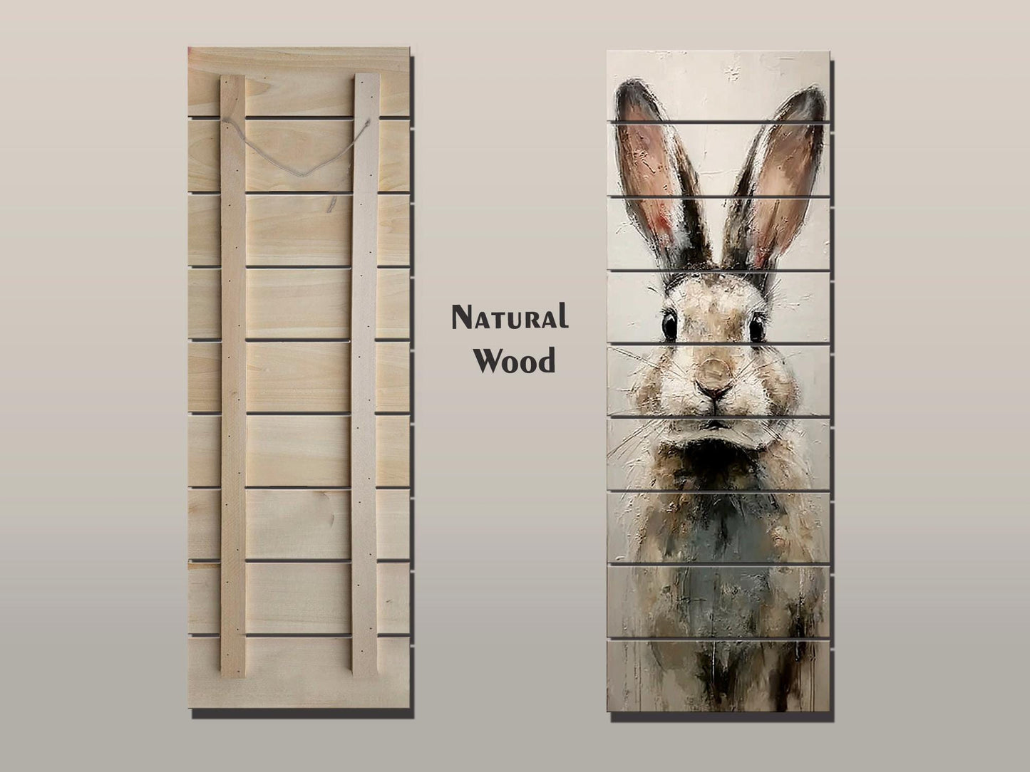 Rabbit Portrait Print on Wood – Beige and Gray Brushstroke Oil Painting, Neutral Rustic Wall Art