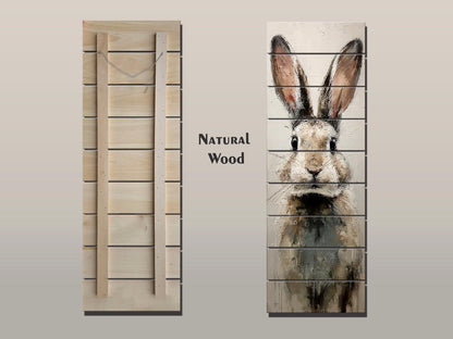 Rabbit Portrait Print on Wood – Beige and Gray Brushstroke Oil Painting, Neutral Rustic Wall Art