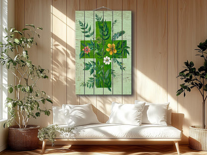 Rustic Wood Wall Art – Floral Medical Cross Print on Wood | Farmhouse Botanical Decor