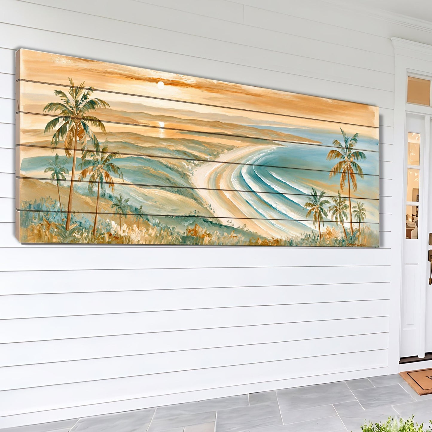 A large, colorful painting depicting a tropical beach scene with palm trees, a sandy beach, and a sunset over the ocean.