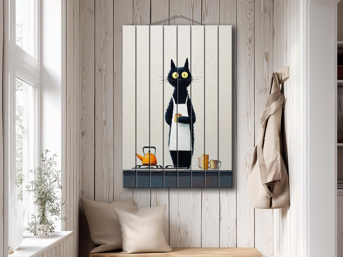Black Cat Wall Art - Funny Cat Chef Poster | Minimalist Wood Print on Wood