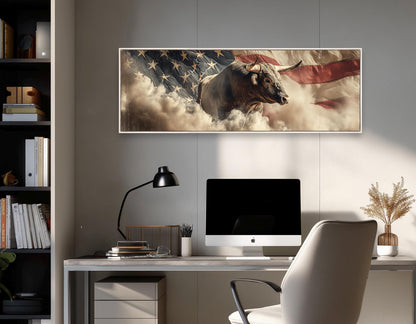 Rodeo Bull on the US Flag Canvas Print, Western Wall Art, Framed and Ready to Hang