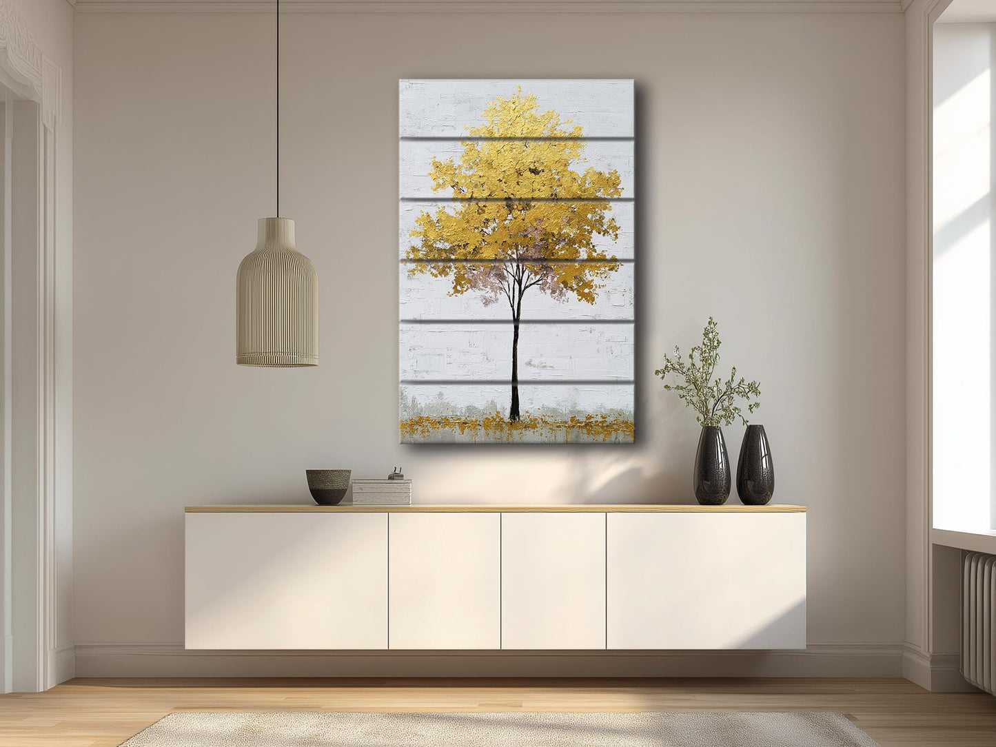 Golden Tree Wall Art – Elegant Rustic Wood Print With Gold Leaf Tree Design