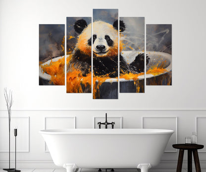 Cute Panda in the Bathtub Painting Canvas Print, Bathroom Wall Art, Bathroom Wall Decor, Nursery Canvas Art, Baby Room Decor