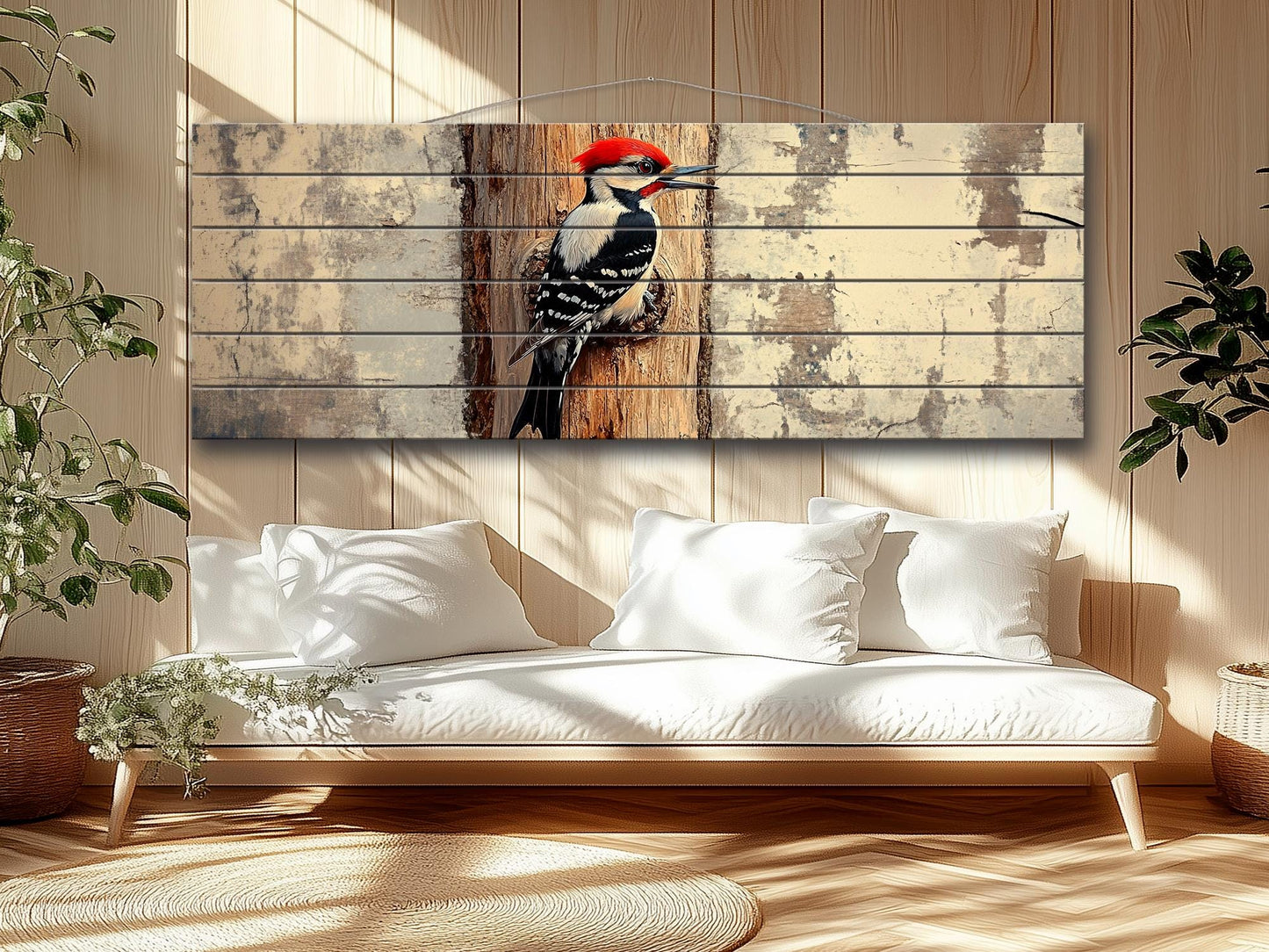 Rustic Wood Wall Art - Woodpecker on a tree Vintage Style Painting Printed on Natural Wood, Woodpecker Print, Forest Birds Print