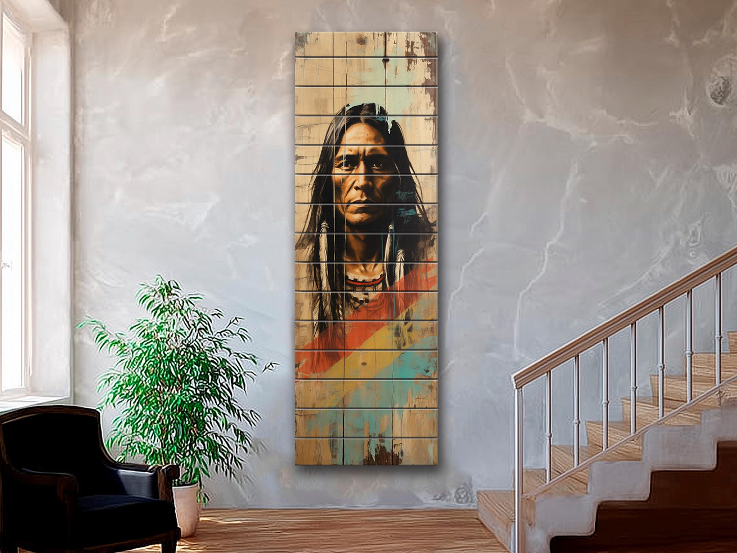 Native American Art Print – Tribal Wall Decor on Natural Wood Plank