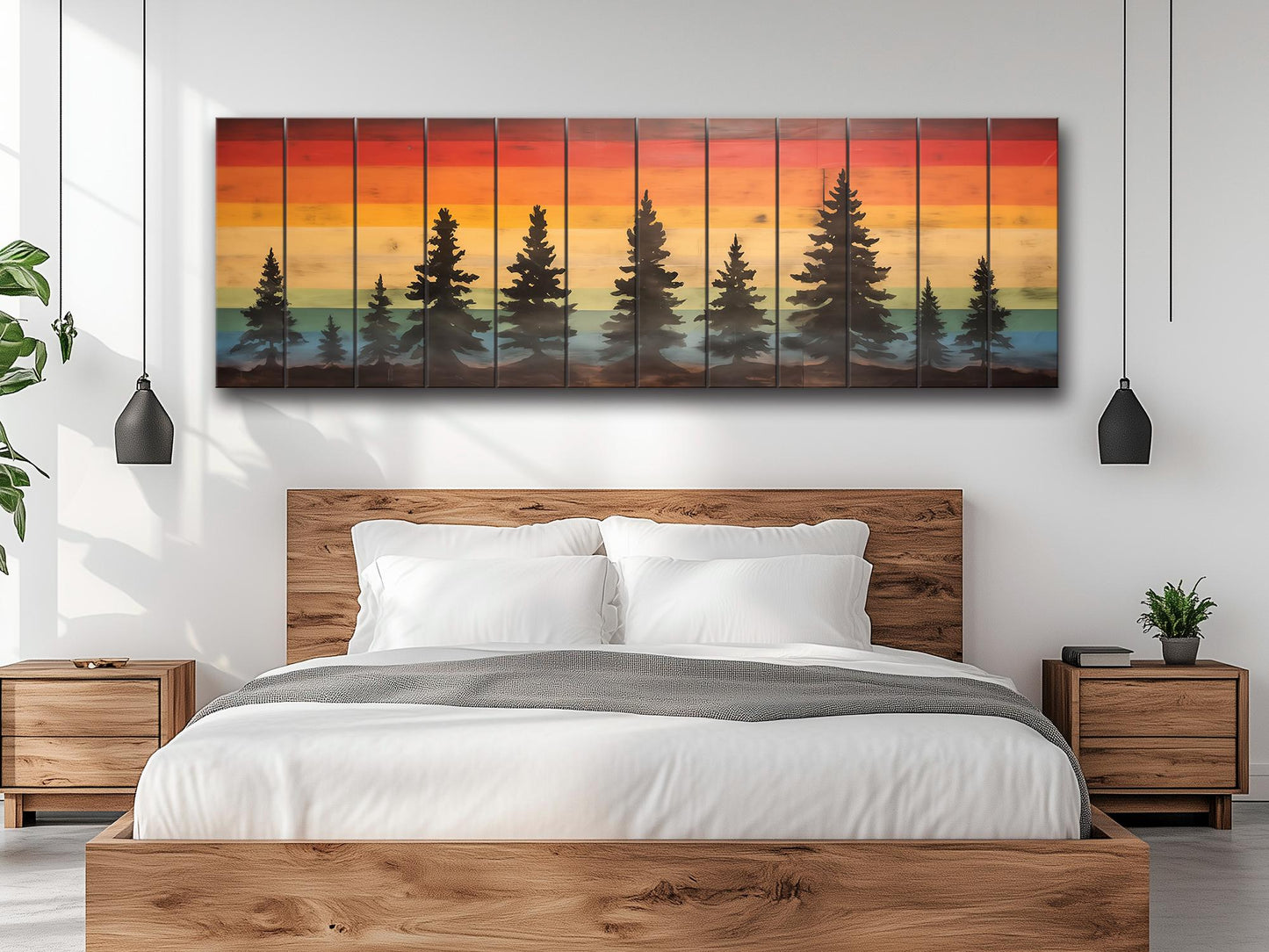Wooden Forest Wall Art – Colorful Sunset Pine Tree Print on Natural Wood Planks