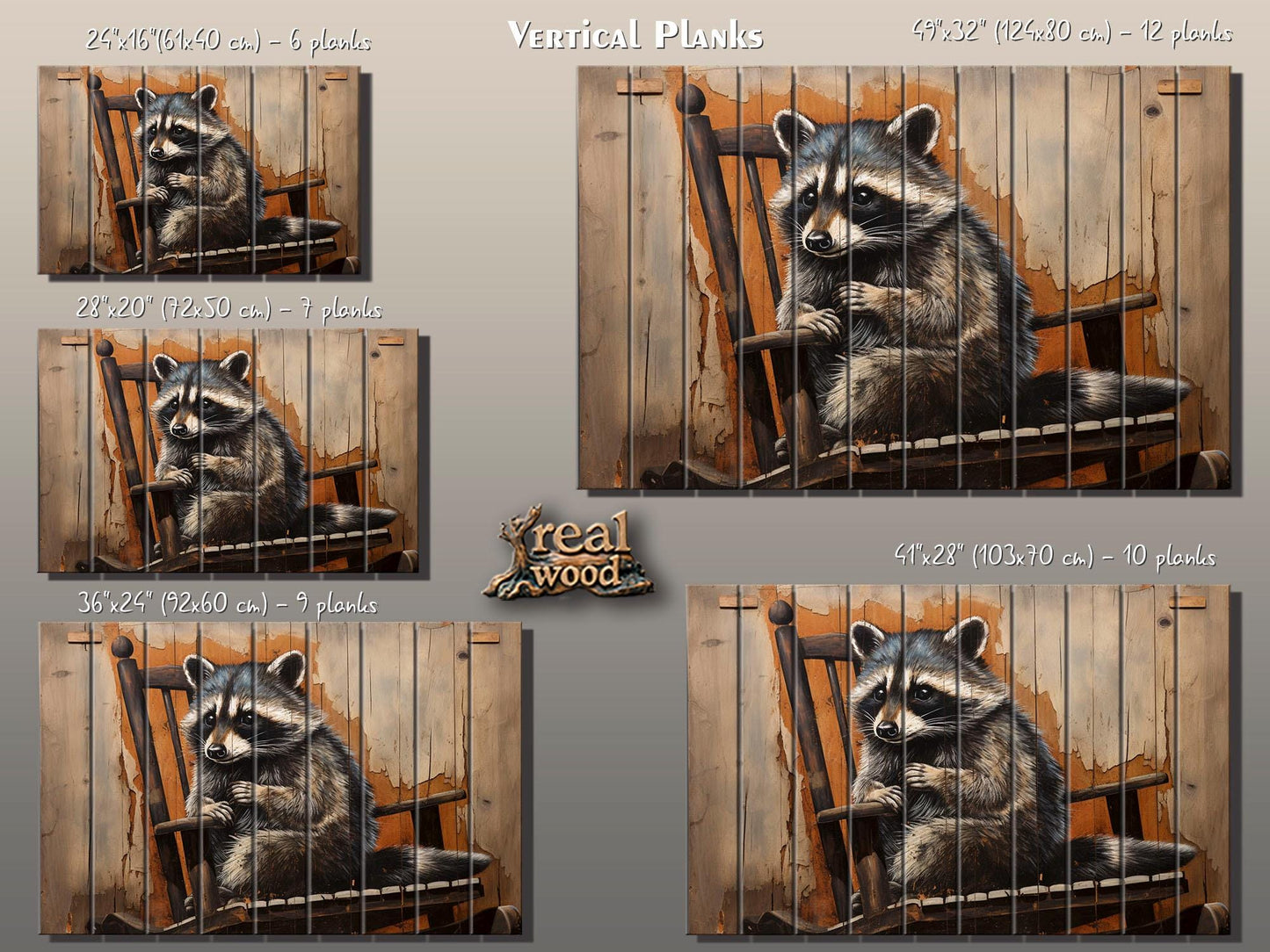 Raccoon Wall Art – Vintage Animal Artwork Printed on Distressed Wood Planks