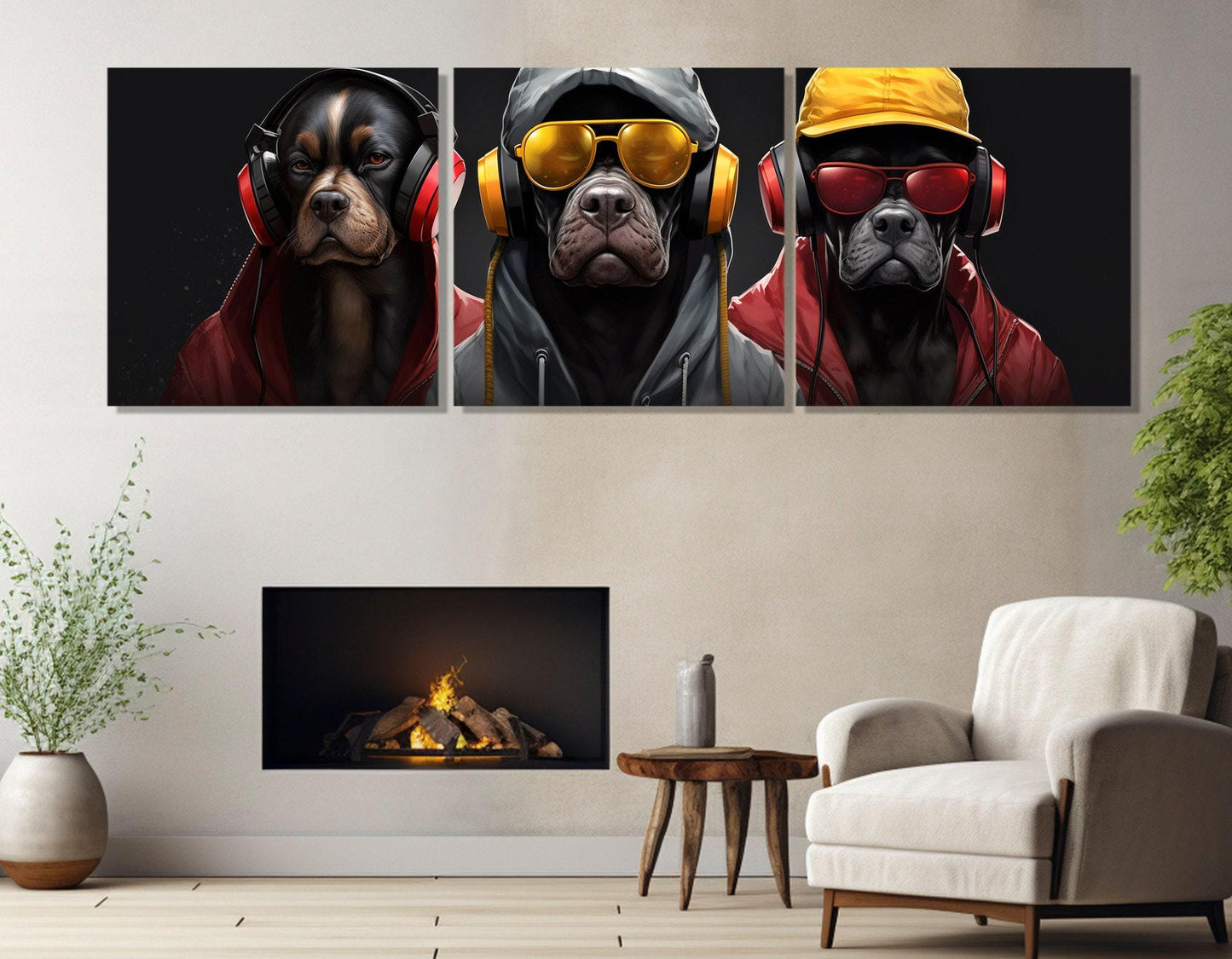 Dogs in Headphones Canvas – Modern Pet Artwork | Floating Frame Canvas, Cool Dogs Wall Decor