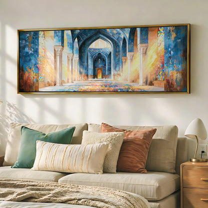 a large, colorful painting of an ornate, arched doorway hanging on a wall above a beige sofa adorned with throw pillows.
