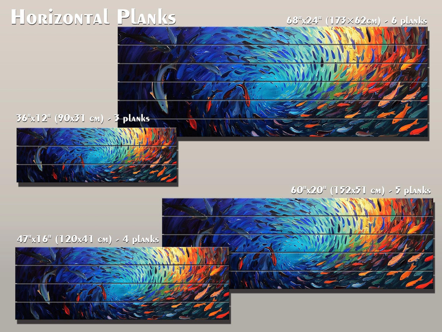 Fishing Wall Art – Colorful School Of Fish Wooden Wall Decor On Natural Wood Print