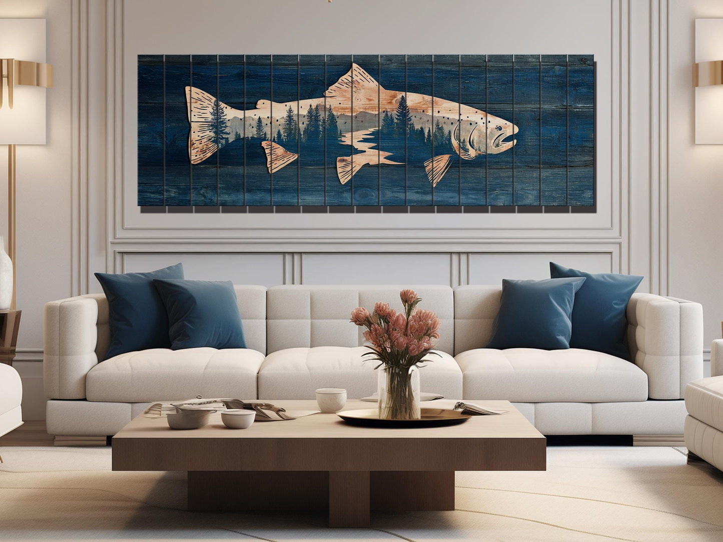 Trout Silhouette with Pine Forest Print on Wood, Rustic Fishing Wall Art