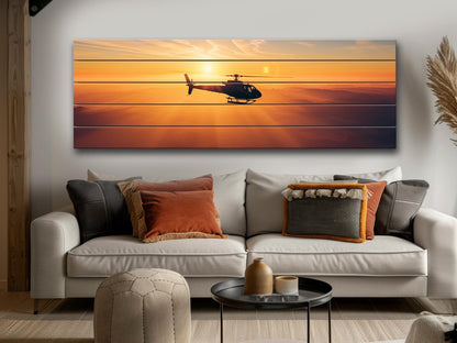 Helicopter Wall Art - Sunset Helicopter Print on Natural Wood | Ready to Hang Rustic Decor