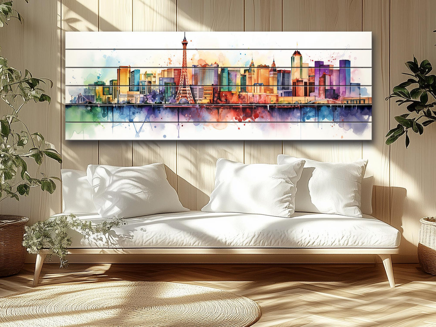 Las Vegas Wall Art – Rustic Wood Decor with Abstract Panoramic Print on Natural Wood
