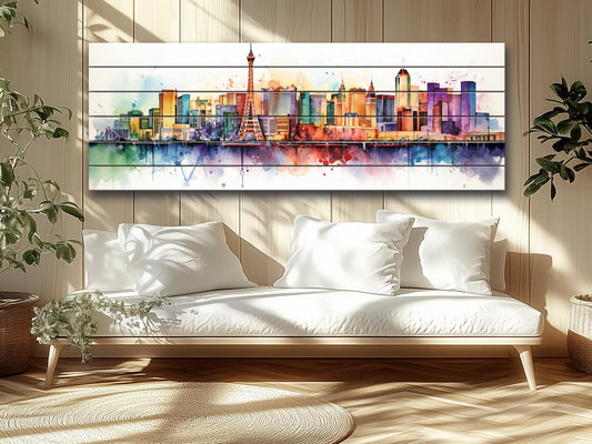 Las Vegas Wall Art – Rustic Wood Decor with Abstract Panoramic Print on Natural Wood