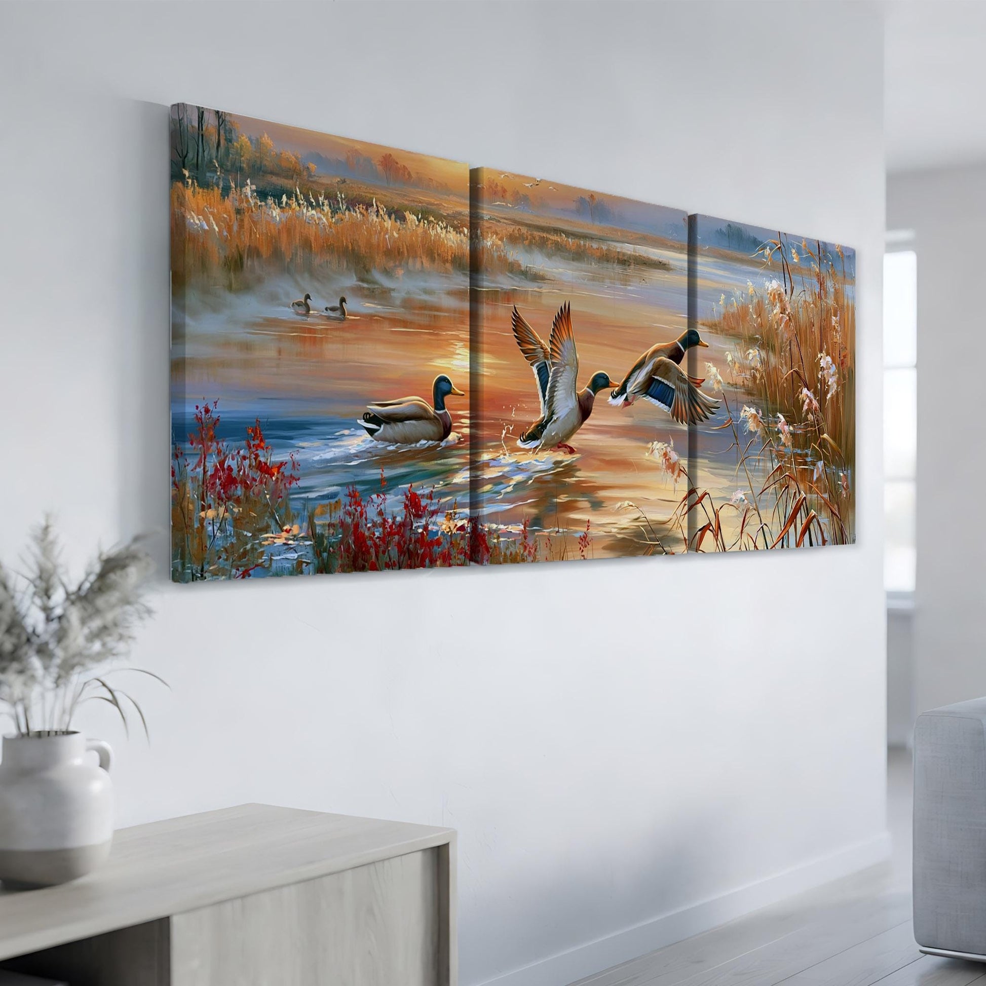 a large painting of ducks in a pond, with a serene and peaceful atmosphere.