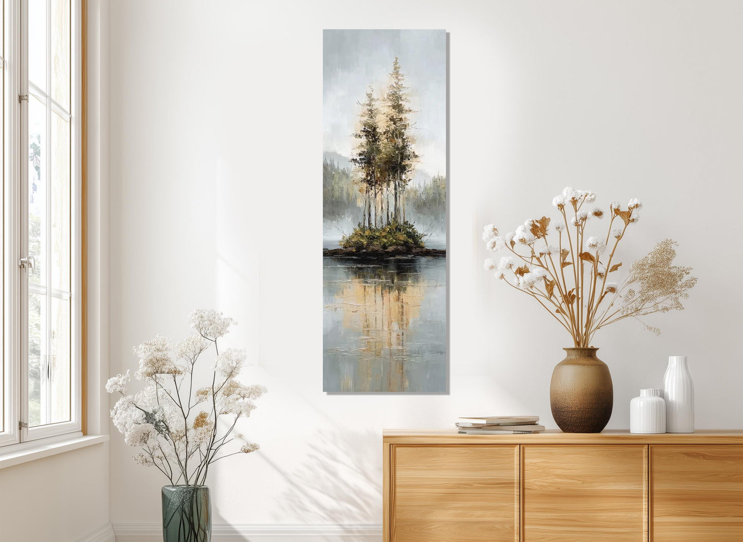 Rustic Island Canvas - Tonal Landscape Art With Misty Forest & Calm Water Reflections