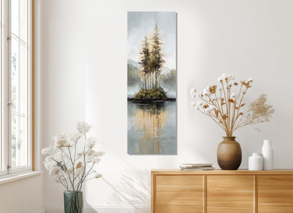 Rustic Island Canvas - Tonal Landscape Art With Misty Forest & Calm Water Reflections