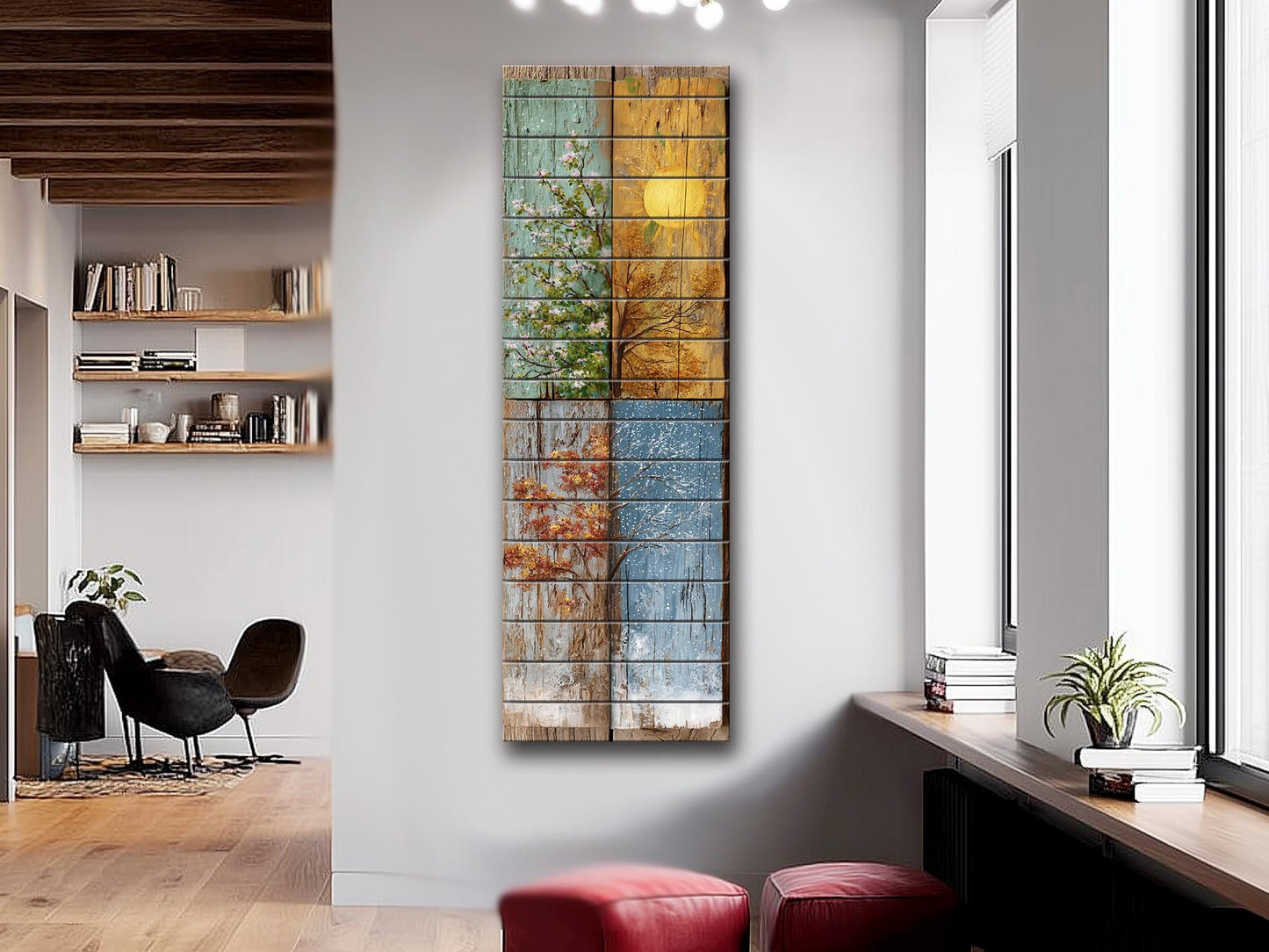 Rustic Wood Wall Art – Four Seasons Artwork on Natural Wood Planks | Cozy Living Room Decor