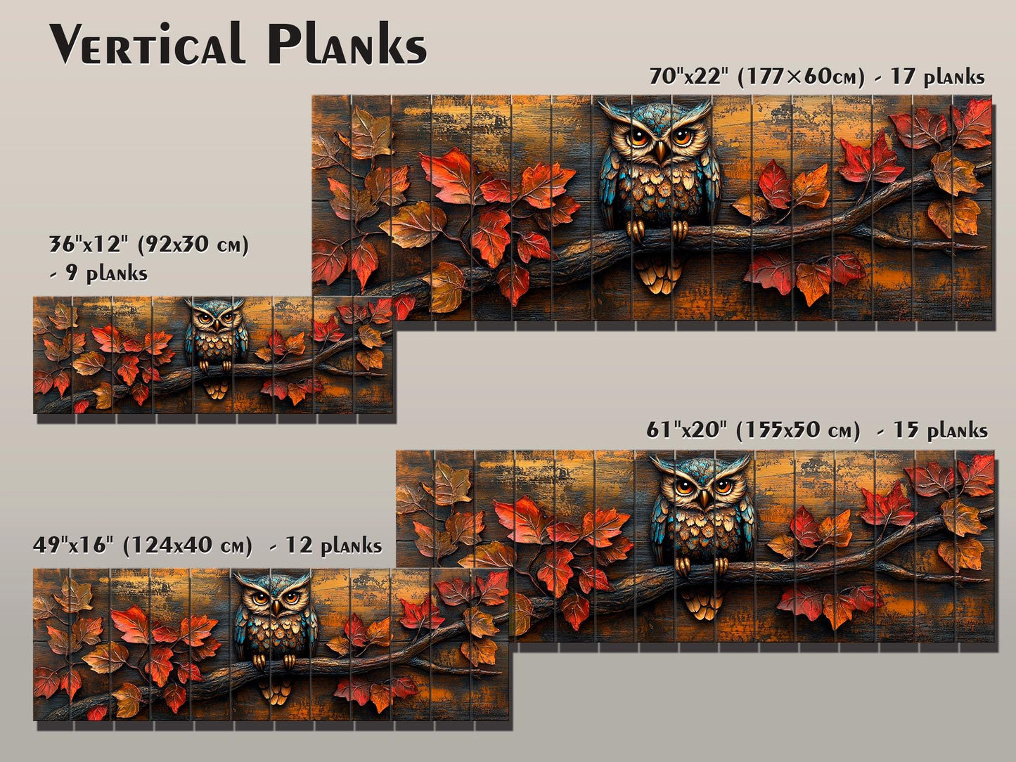 Owl Wood Wall Art – Rustic Autumn Wood Plank Painting with Glowing Fall Leaves