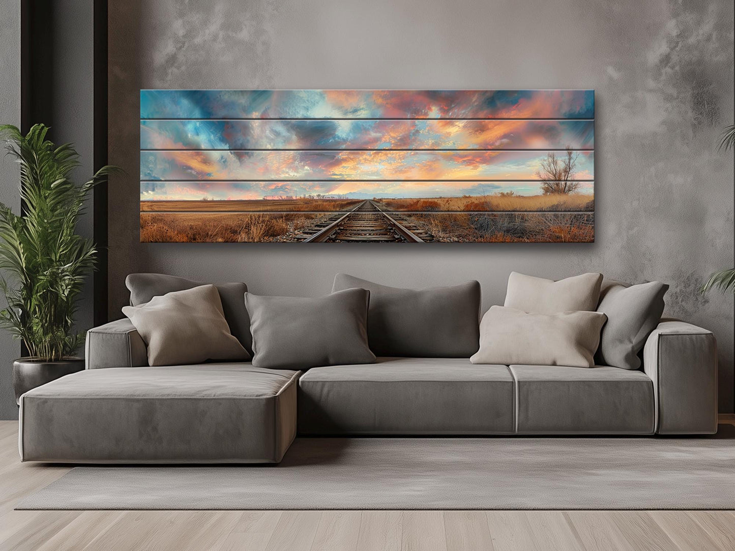 Wood Wall Art – Railway Through Field Print On Natural Wood Plank Decor