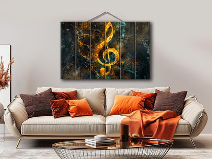 Treble Clef Wall Art - Rustic Wood Plank Painting with Organic Texture