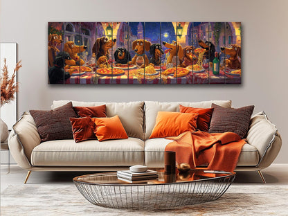 Dachshund Pizza Art – Rustic Wood Wall Art With Playful Dog Party Painting