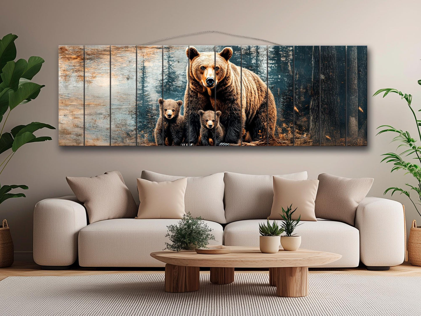 Grizzly Bear Wall Art - Rustic Wood Print with Bear Family Painting on Natural Wood Planks