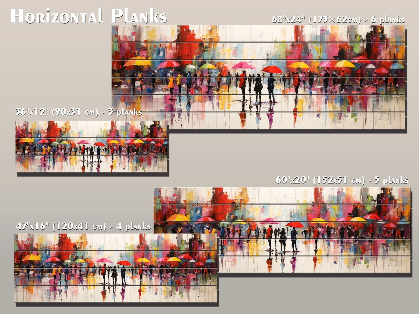 Wooden Wall Art – Abstract Rainy City Print on Natural Wood Planks | Colorful Decor