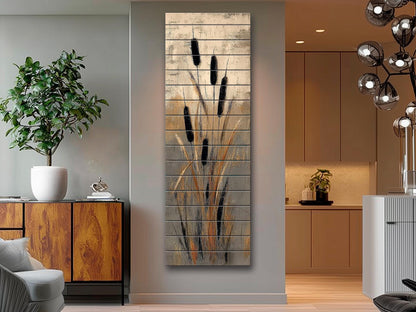 Cattails Abstract Art Print on Wood, Neutral Textured Nature Painting, Rustic Wall Decor