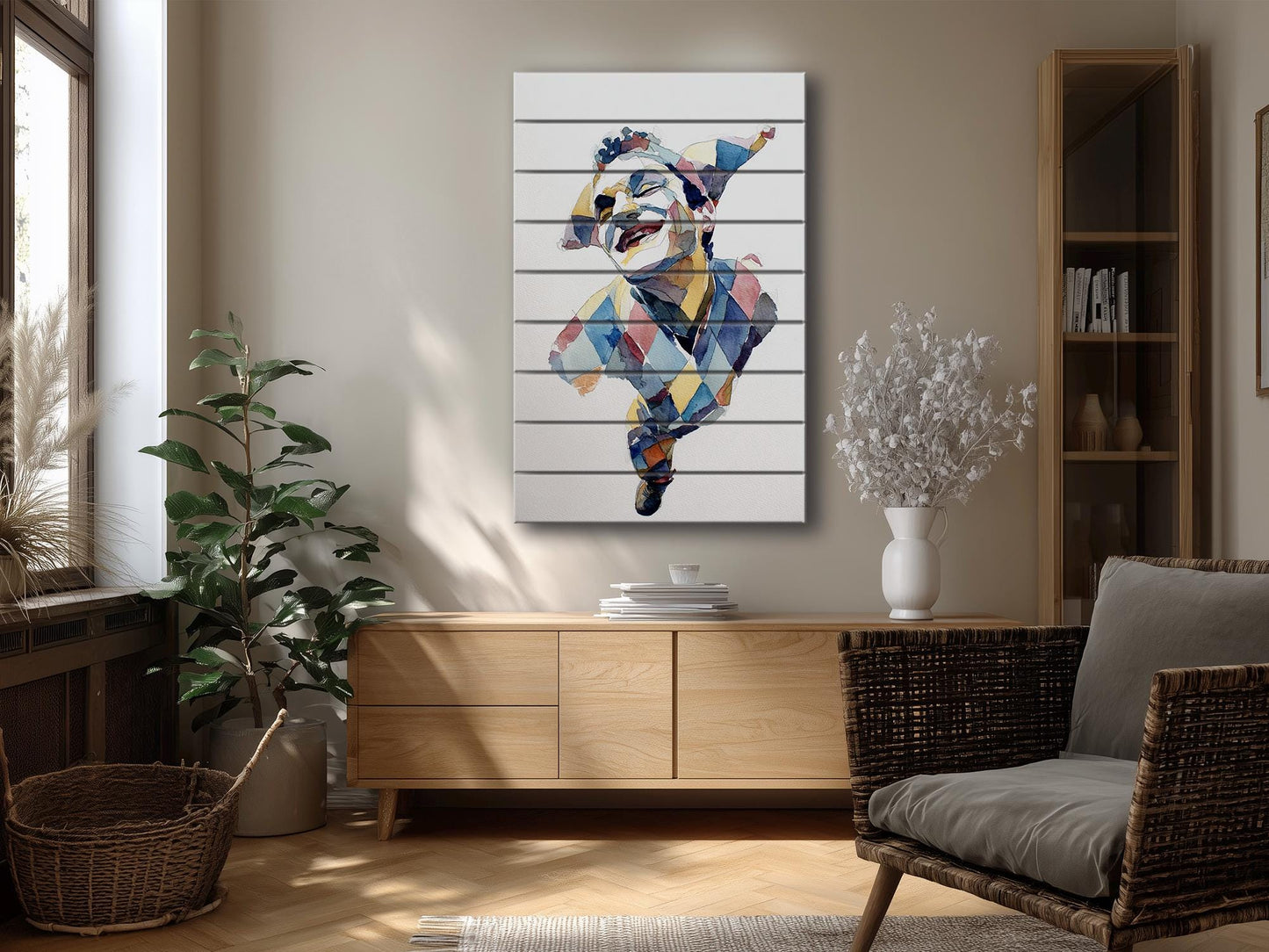 Wooden Wall Art - Rustic Wood Print Jester Watercolor on Natural Wood Plank Painting