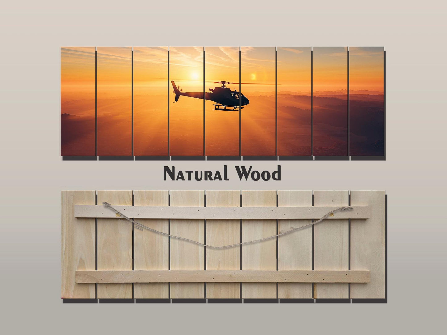 Helicopter Wall Art - Sunset Helicopter Print on Natural Wood | Ready to Hang Rustic Decor