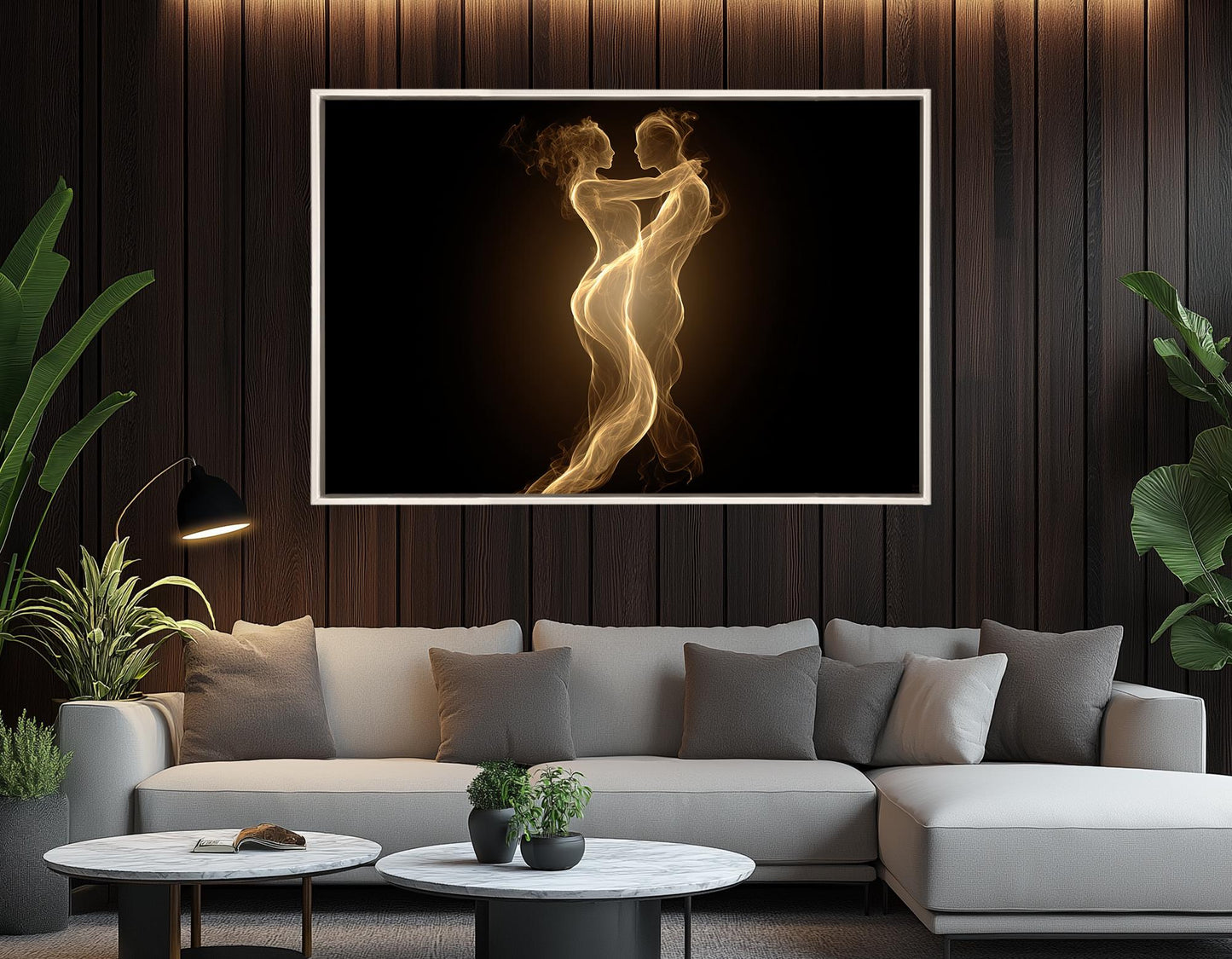 Romantic Canvas Wall Art – Sensual Golden Flame Couple Abstract Bedroom Decor